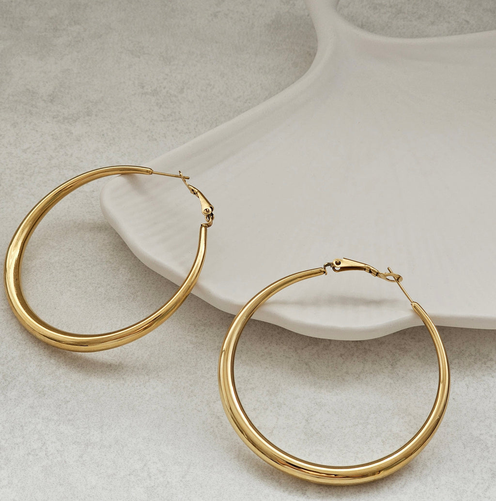 6cm Gold Hoops, ;large gold waterproof tarnish free hoop earrings